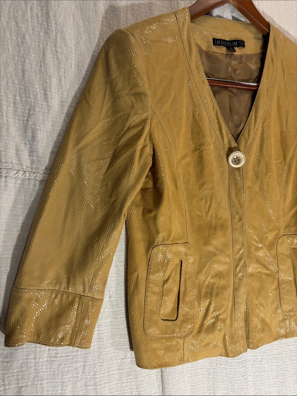 Lafayette 148 NY Vintage Reptile Embossed Leather Jacket Yellow Size 6 - Picture 9 of 13